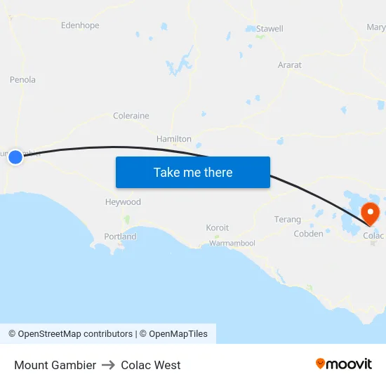 Mount Gambier to Colac West map