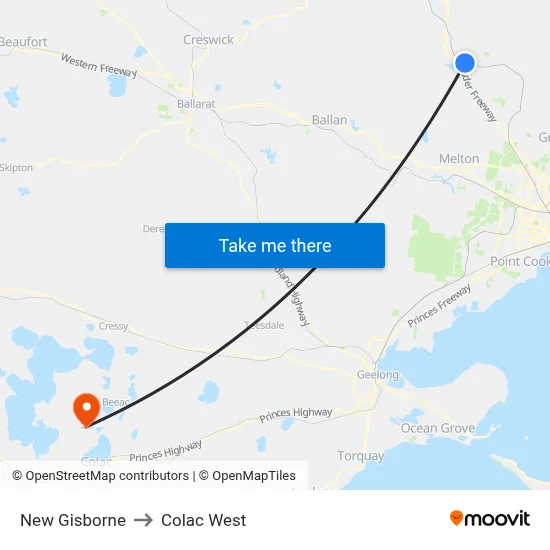 New Gisborne to Colac West map