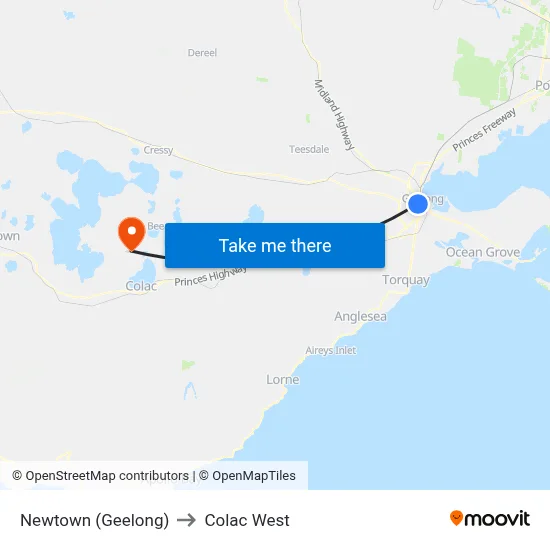 Newtown (Geelong) to Colac West map