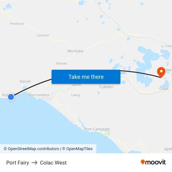 Port Fairy to Colac West map