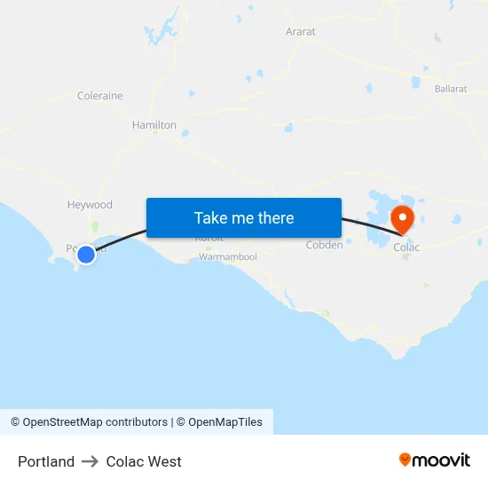 Portland to Colac West map