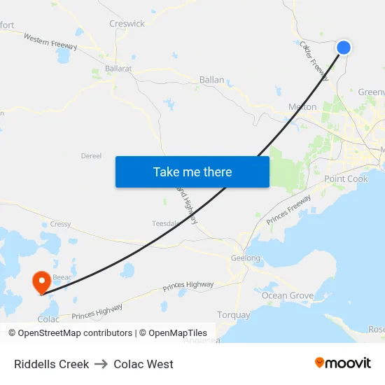 Riddells Creek to Colac West map