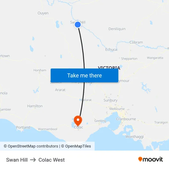 Swan Hill to Colac West map