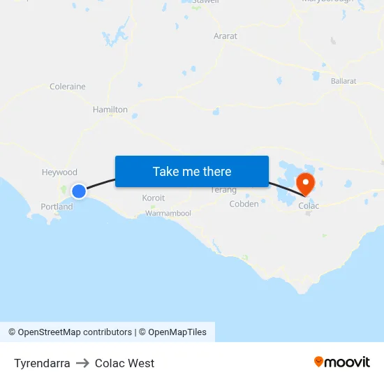 Tyrendarra to Colac West map