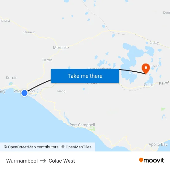 Warrnambool to Colac West map