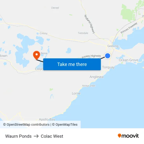 Waurn Ponds to Colac West map