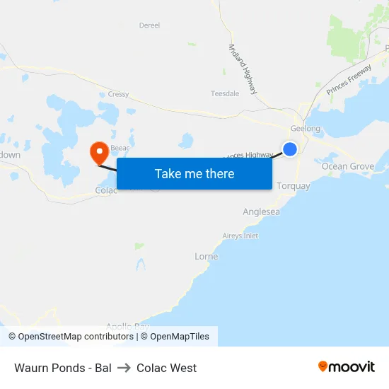 Waurn Ponds - Bal to Colac West map