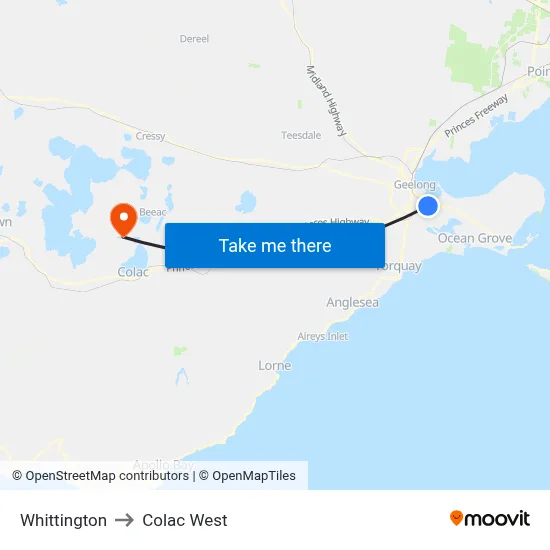 Whittington to Colac West map