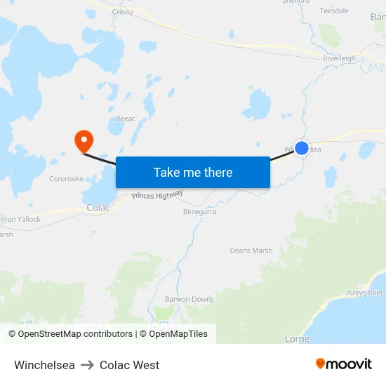 Winchelsea to Colac West map