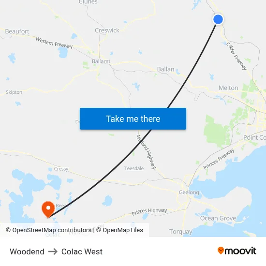 Woodend to Colac West map