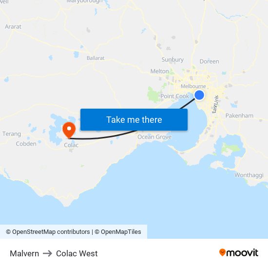 Malvern to Colac West map