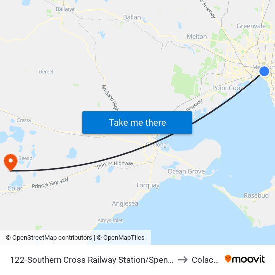 122-Southern Cross Railway Station/Spencer St (Melbourne City) to Colac West map