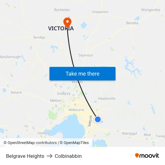 Belgrave Heights to Colbinabbin map