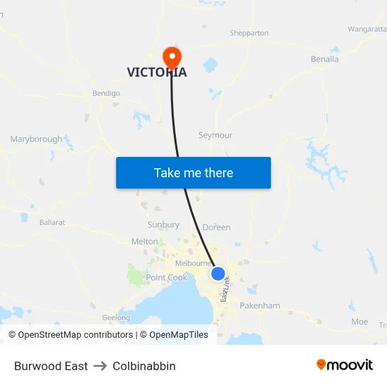 Burwood East to Colbinabbin map