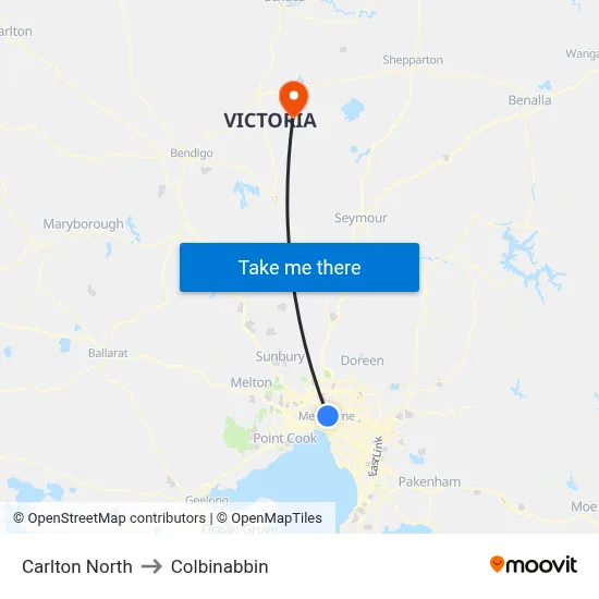 Carlton North to Colbinabbin map