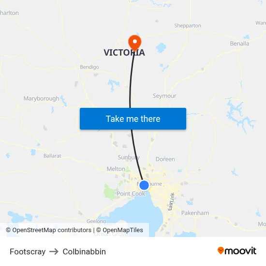 Footscray to Colbinabbin map