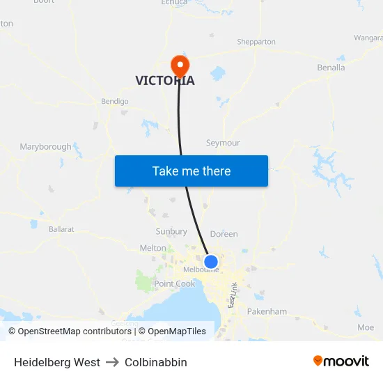 Heidelberg West to Colbinabbin map