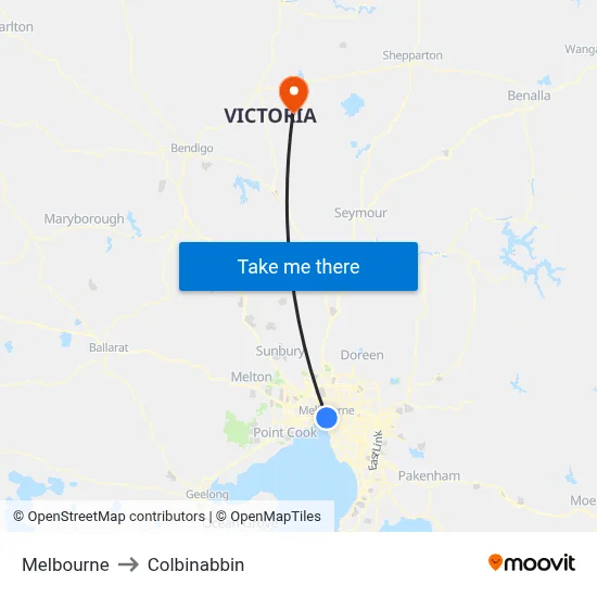 Melbourne to Colbinabbin map
