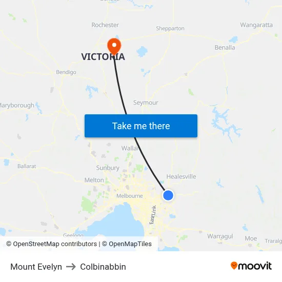 Mount Evelyn to Colbinabbin map