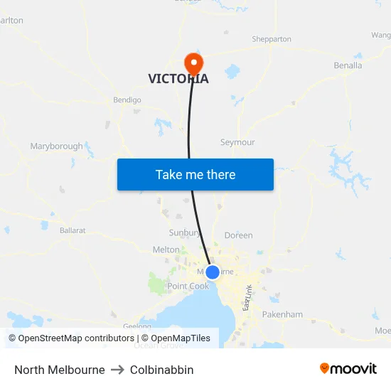 North Melbourne to Colbinabbin map