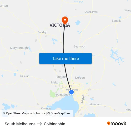 South Melbourne to Colbinabbin map