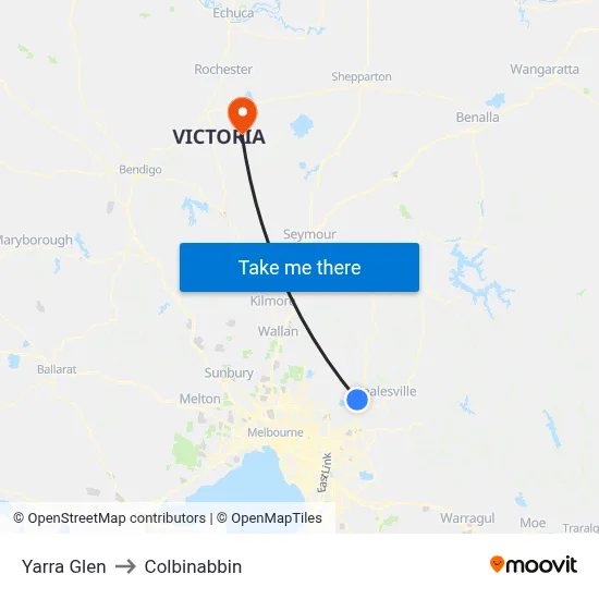 Yarra Glen to Colbinabbin map
