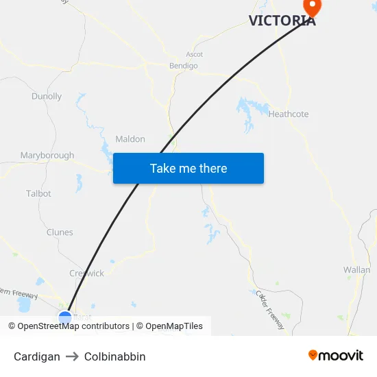 Cardigan to Colbinabbin map