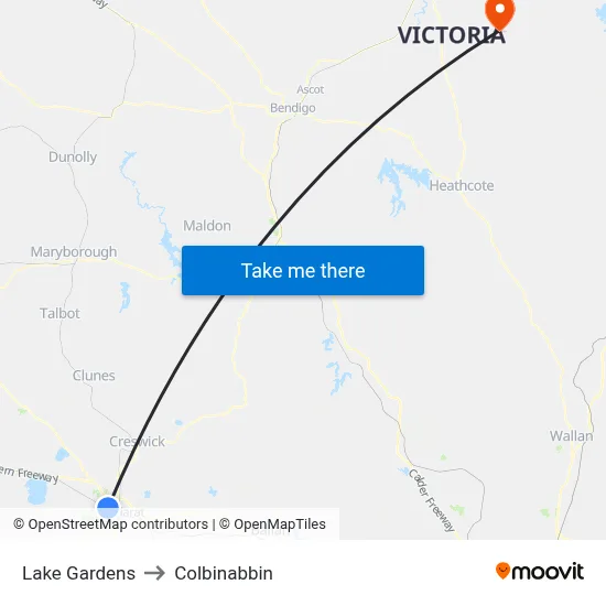 Lake Gardens to Colbinabbin map
