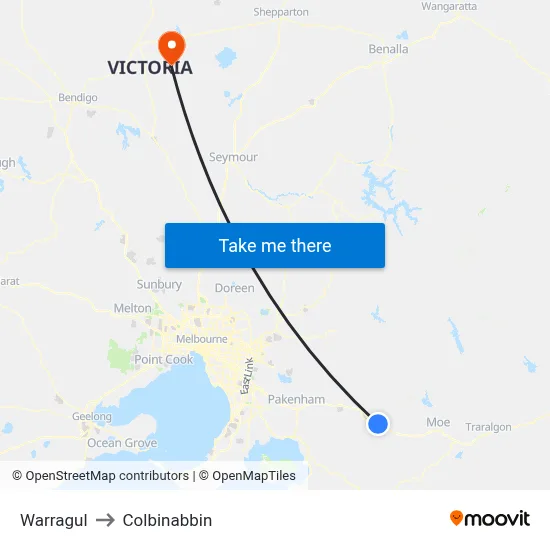 Warragul to Colbinabbin map