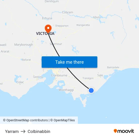 Yarram to Colbinabbin map