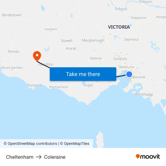 Cheltenham to Coleraine map