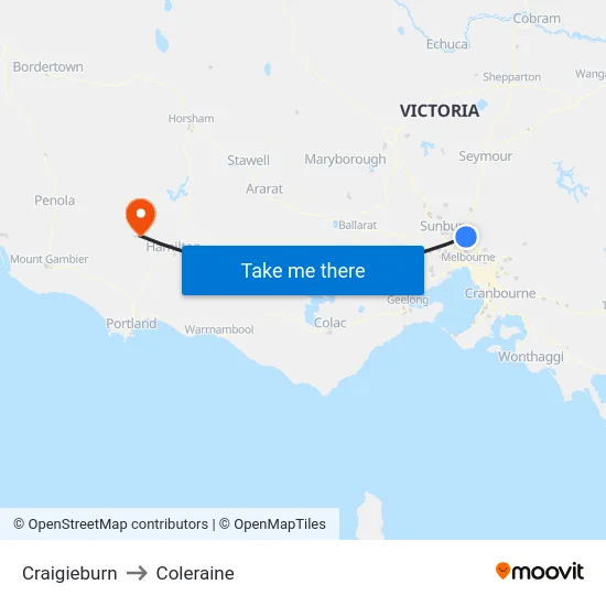 Craigieburn to Coleraine map