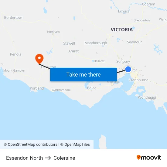 Essendon North to Coleraine map