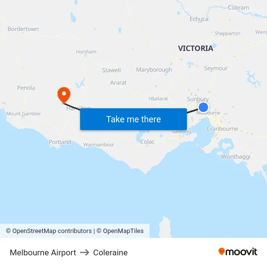 Melbourne Airport to Coleraine map