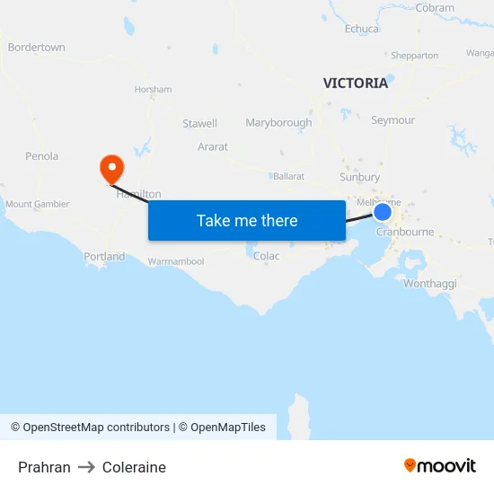 Prahran to Coleraine map