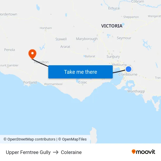Upper Ferntree Gully to Coleraine map