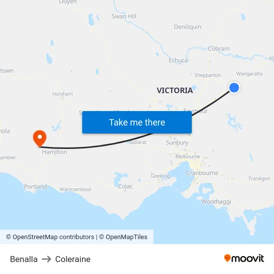 Benalla to Coleraine map