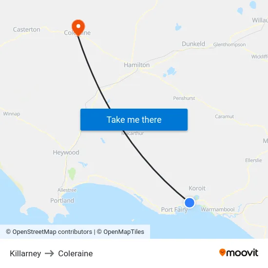 Killarney to Coleraine map