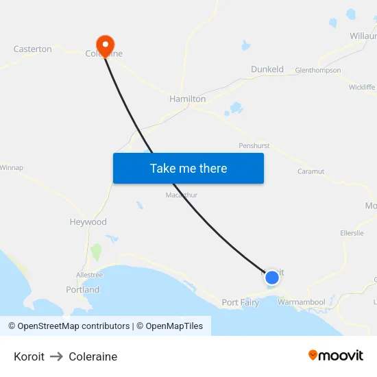 Koroit to Coleraine map