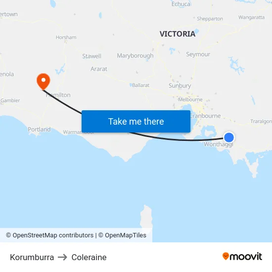 Korumburra to Coleraine map