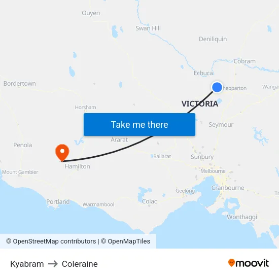 Kyabram to Coleraine map