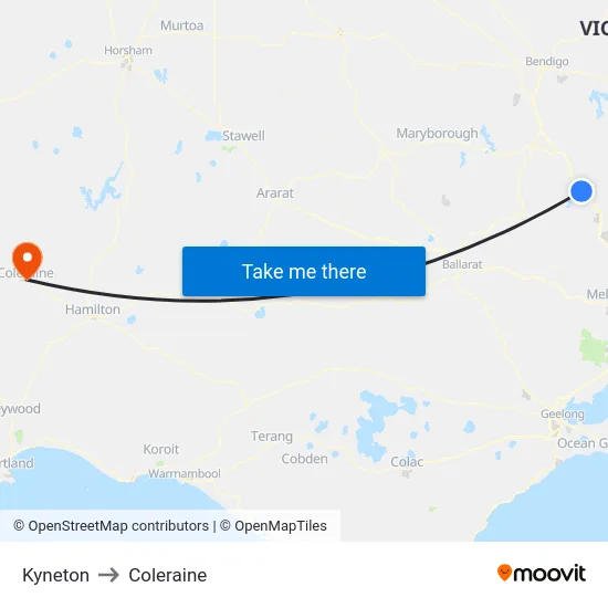 Kyneton to Coleraine map