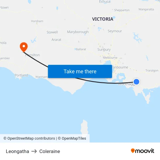 Leongatha to Coleraine map