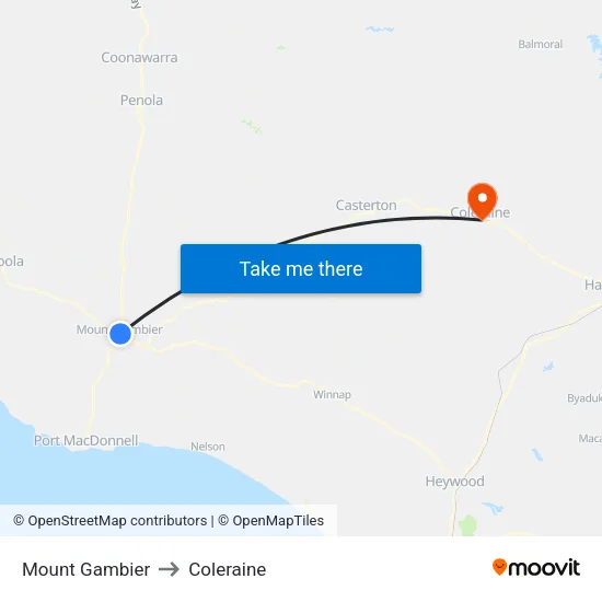 Mount Gambier to Coleraine map