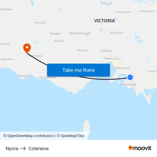 Nyora to Coleraine map