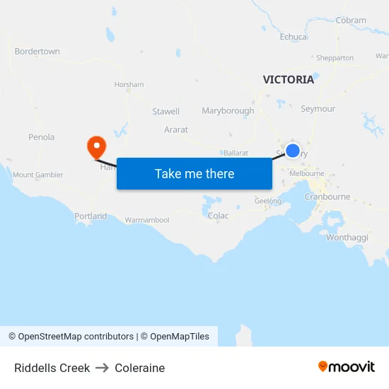 Riddells Creek to Coleraine map