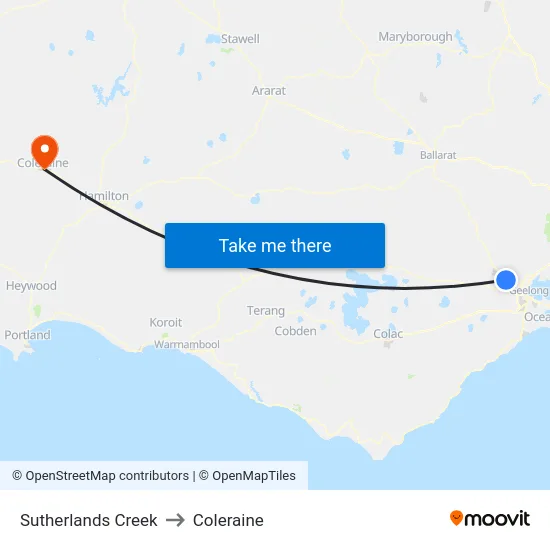 Sutherlands Creek to Coleraine map