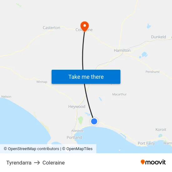 Tyrendarra to Coleraine map