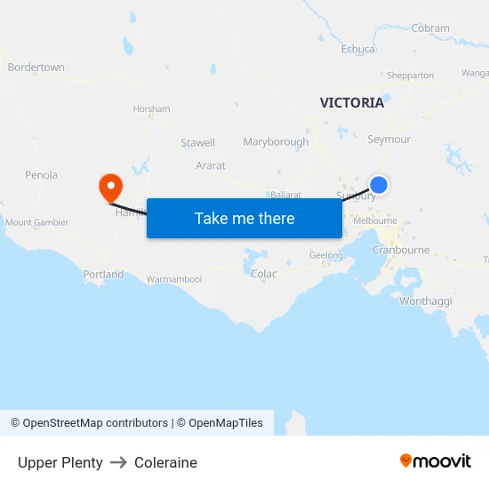 Upper Plenty to Coleraine map