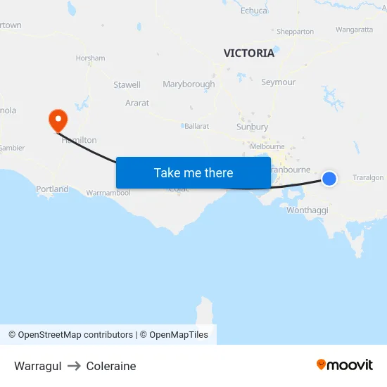 Warragul to Coleraine map